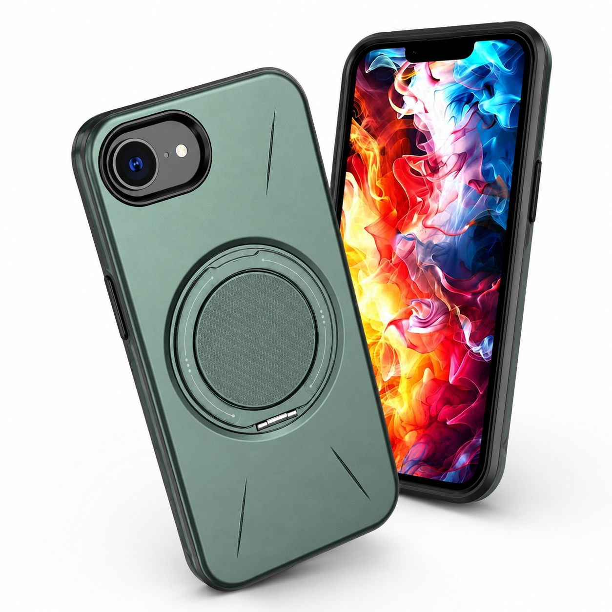Green Forge Ring Case for iPhone 17e and 16e side angle – rugged phone case for drop protection