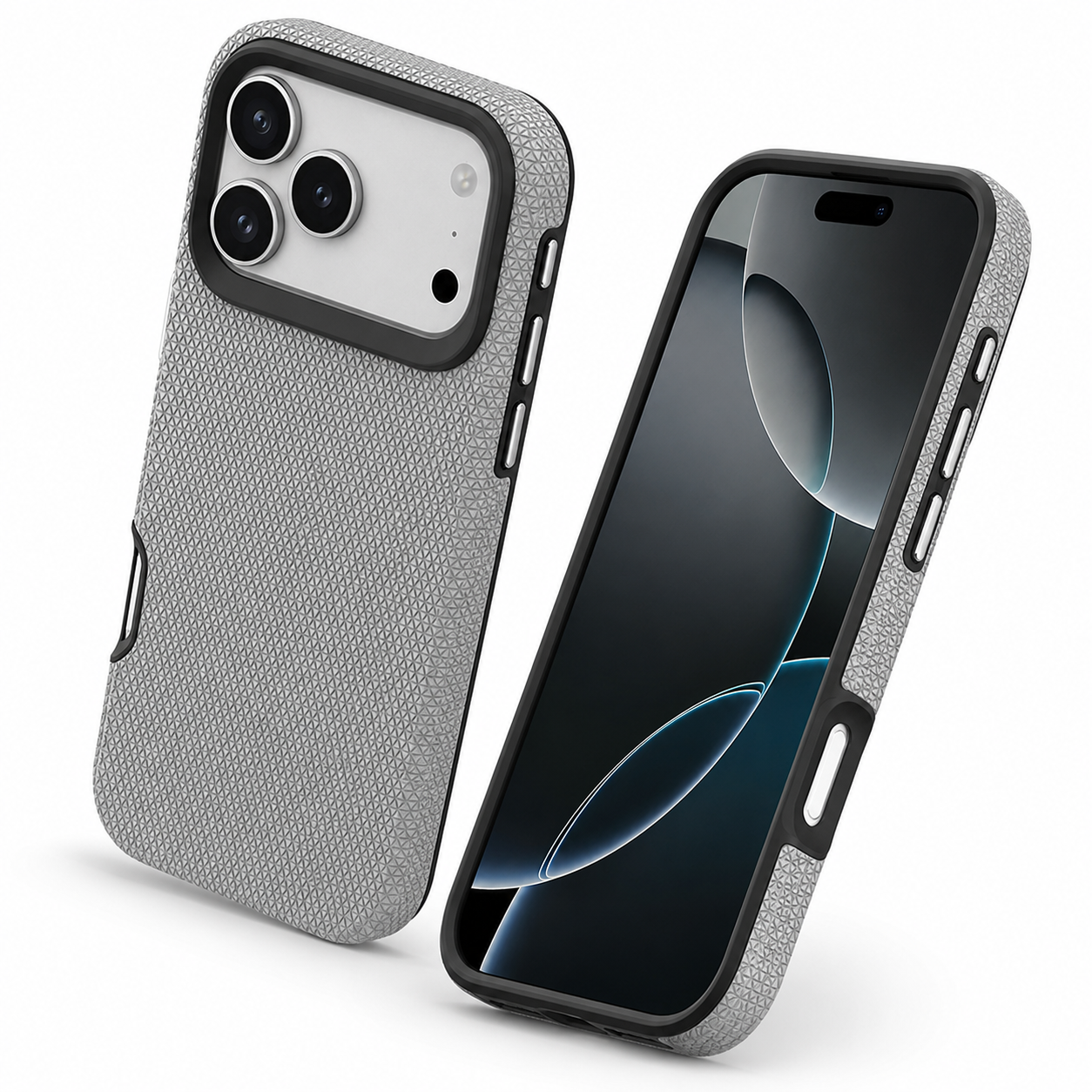 Apple iPhone 17 Pro grey textured phone case with raised camera protection