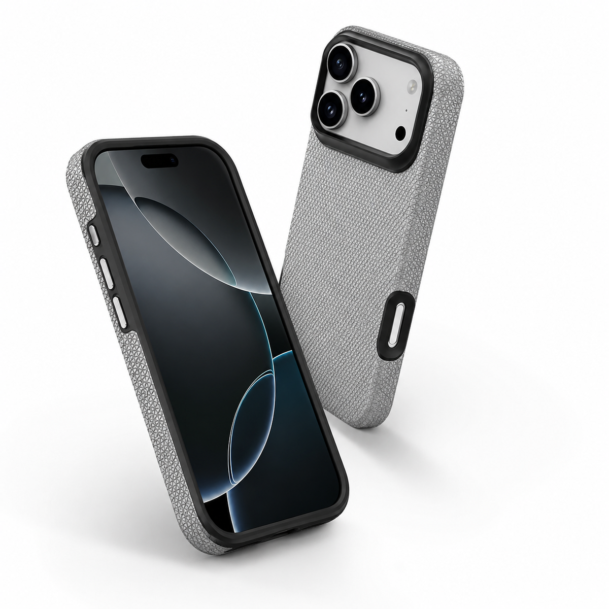 Slim rugged iPhone 18 Pro phone case with grey triangle design and black bumper
