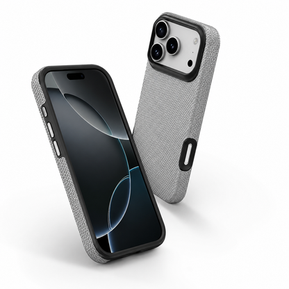 Slim rugged iPhone 18 Pro phone case with grey triangle design and black bumper