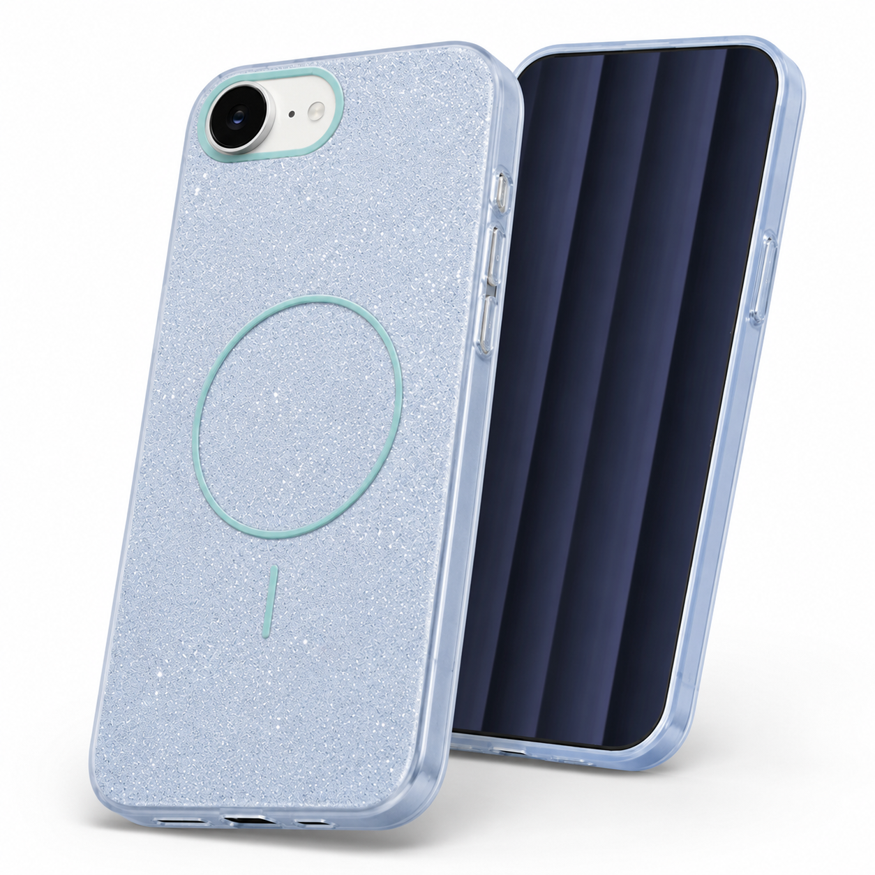 Apple iPhone 17e and 16e light blue Glitsy case angled view – smartphone accessories Canada
