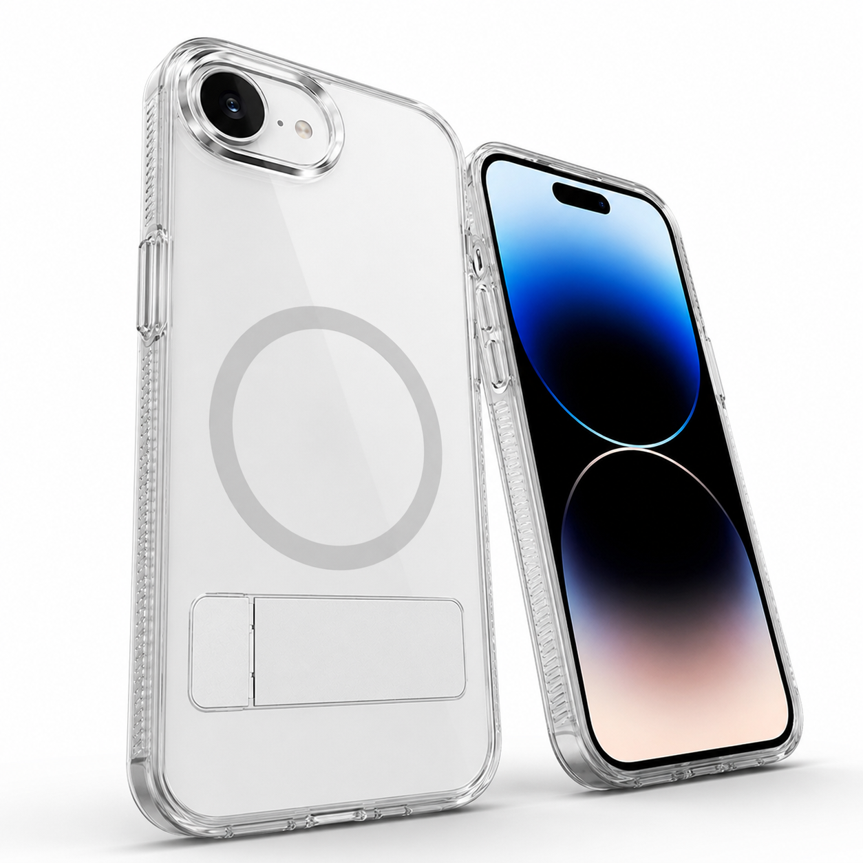 Slim transparent iPhone 17e and 16e case with three-angle metal stand – best slim phone case Canada