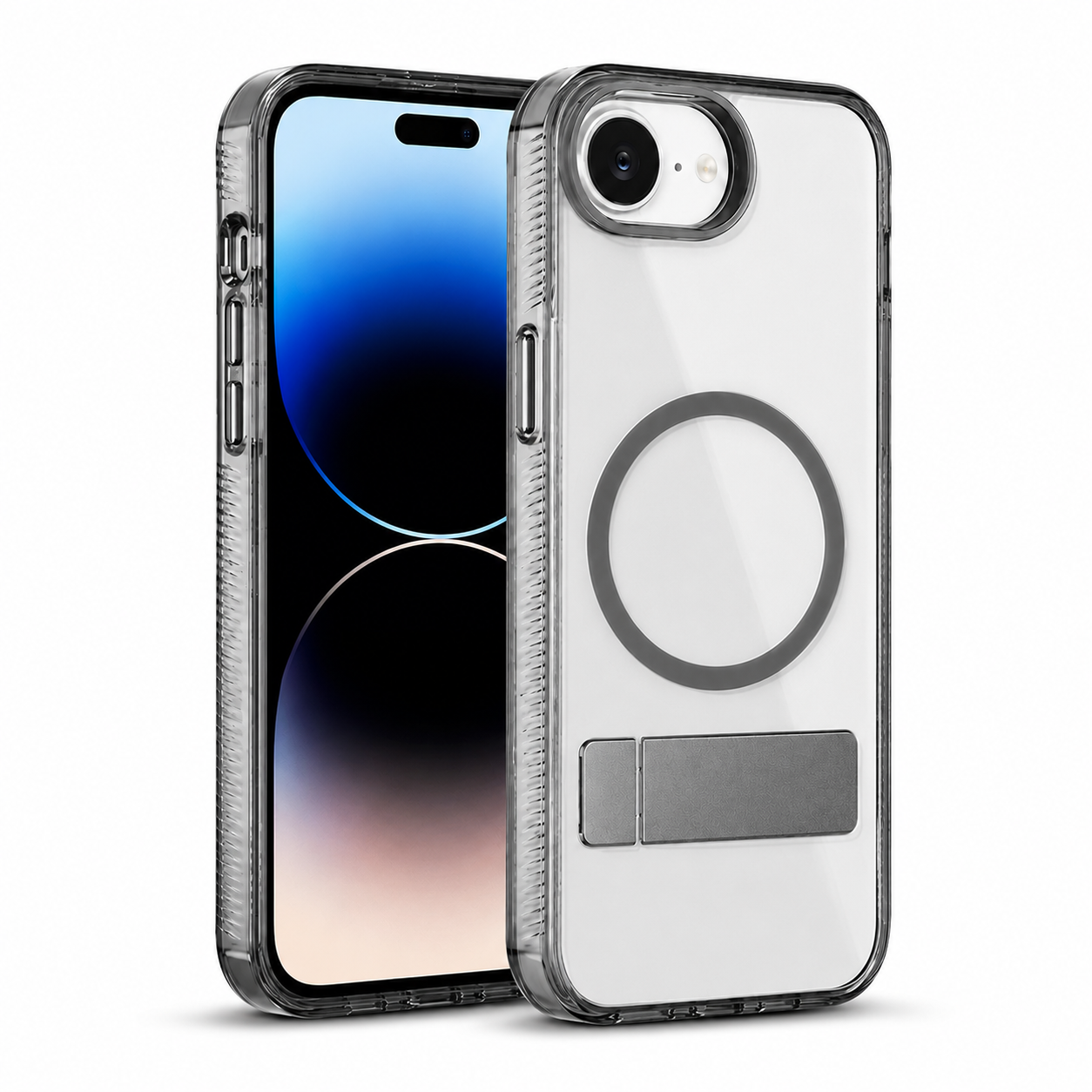 Black iPhone 17e and 16e MagSafe protective case with adjustable metal stand – buy phone cases online Canada
