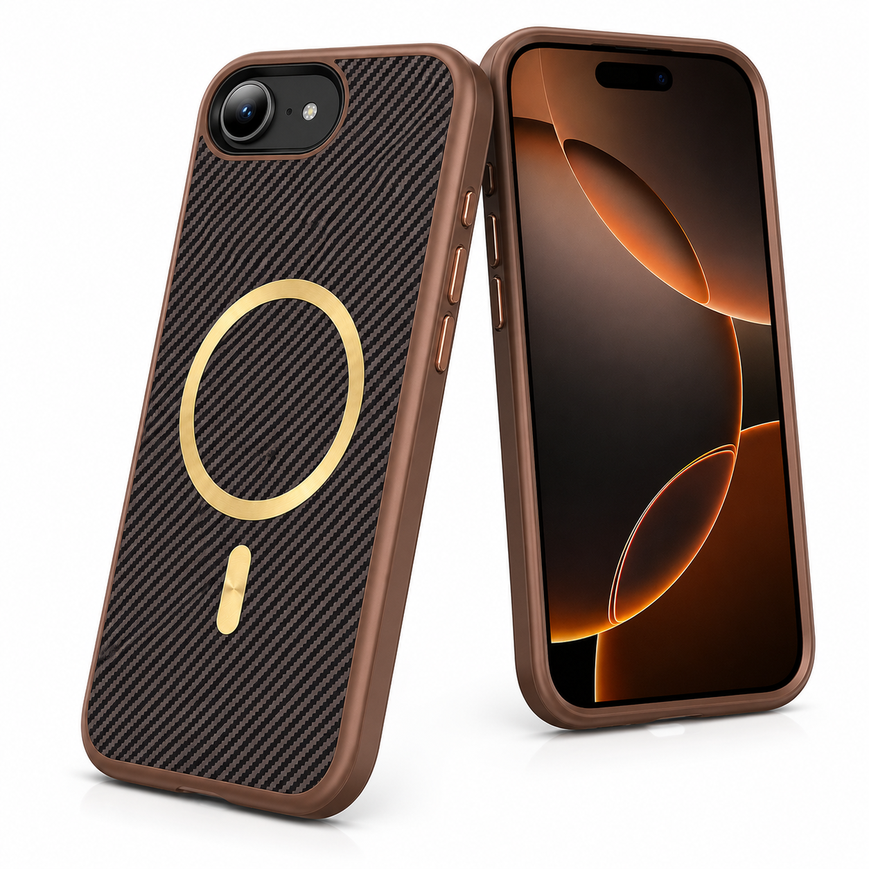 Brown iPhone 17e and 16e MagSafe carbon fibre protective cover back view – buy phone cases online Canada
