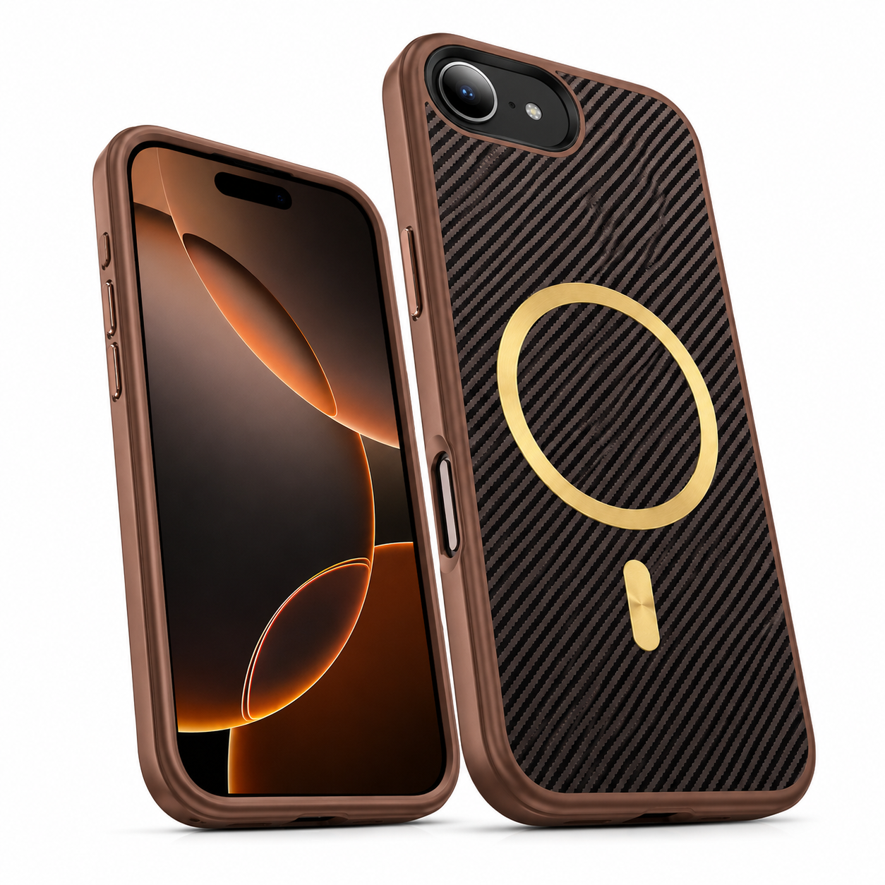 Apple iPhone 17e and 16e brown carbon fiber case angled view – smartphone accessories Canada