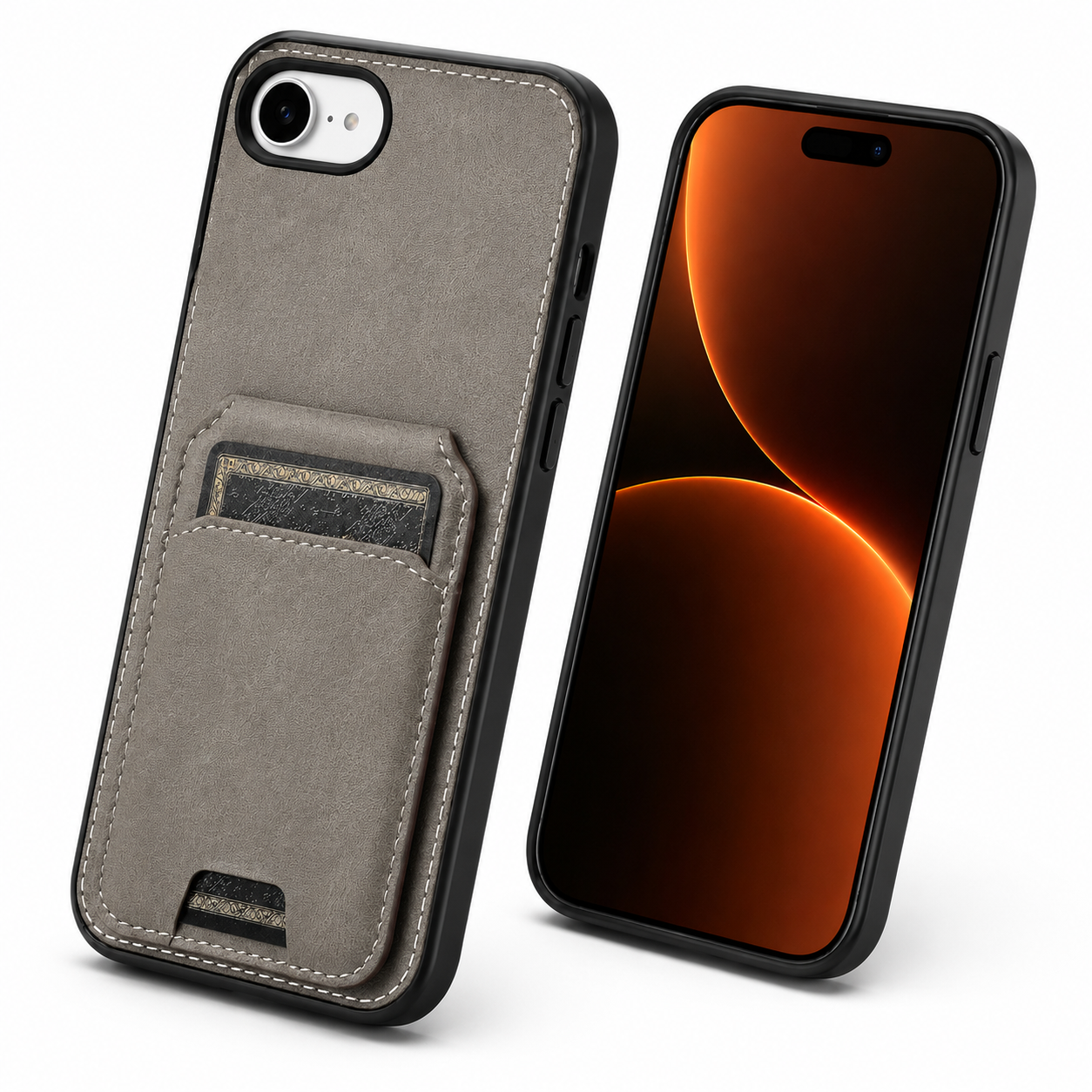 Grey Stealth Wallet mobile case for iPhone 17e and 16e angled view – smartphone accessories Canada