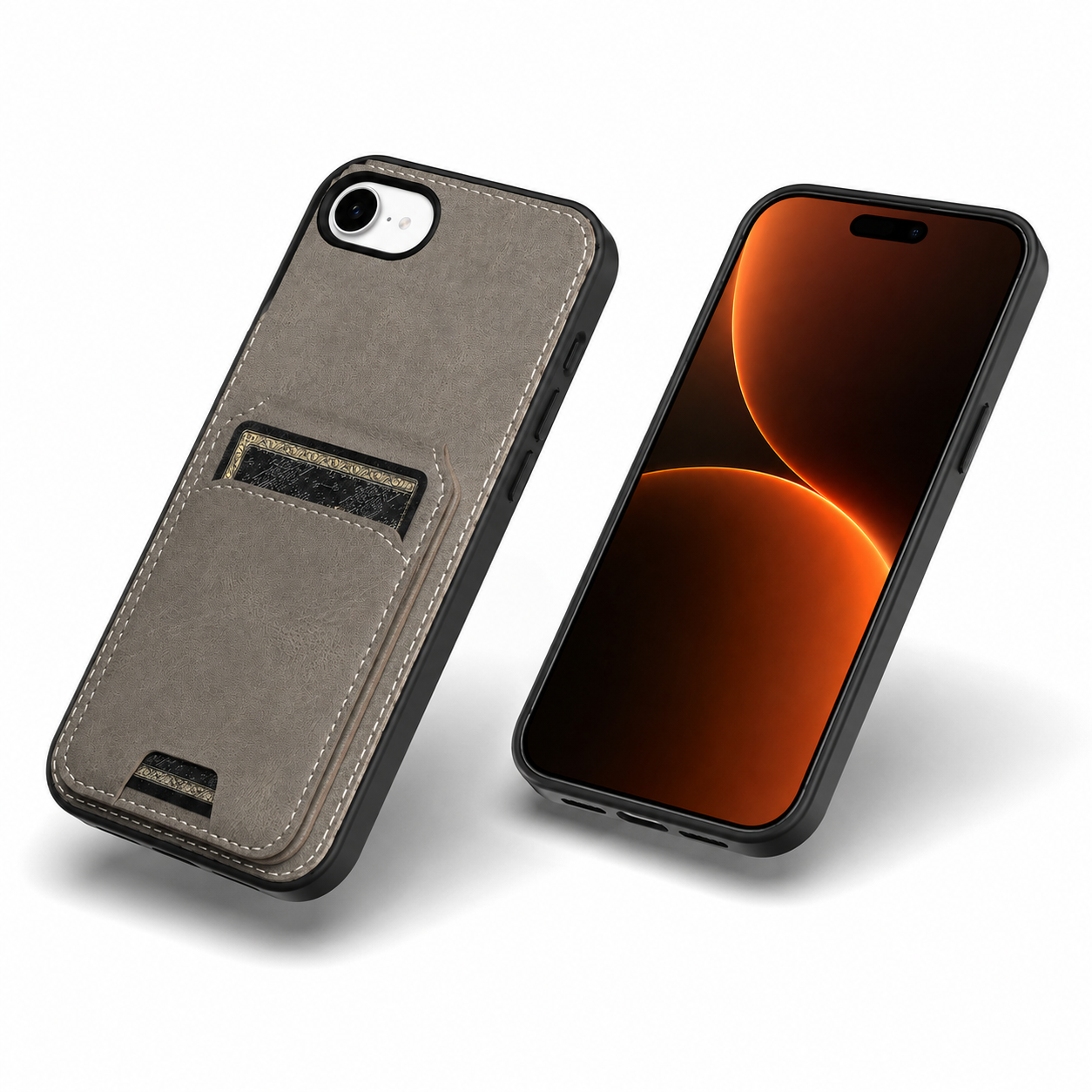 Grey iPhone 17e and 16e wallet case with card holder back view – buy phone cases online Canada