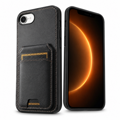 Black Stealth wallet phone cover for Apple iPhone 17e and 16e back view – rugged phone case