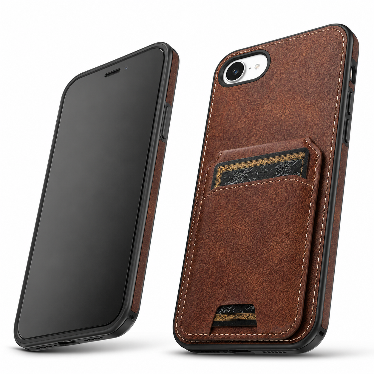 Brown Stealth Wallet mobile cover for iPhone 17e and 16e angled view – smartphone accessories Canada