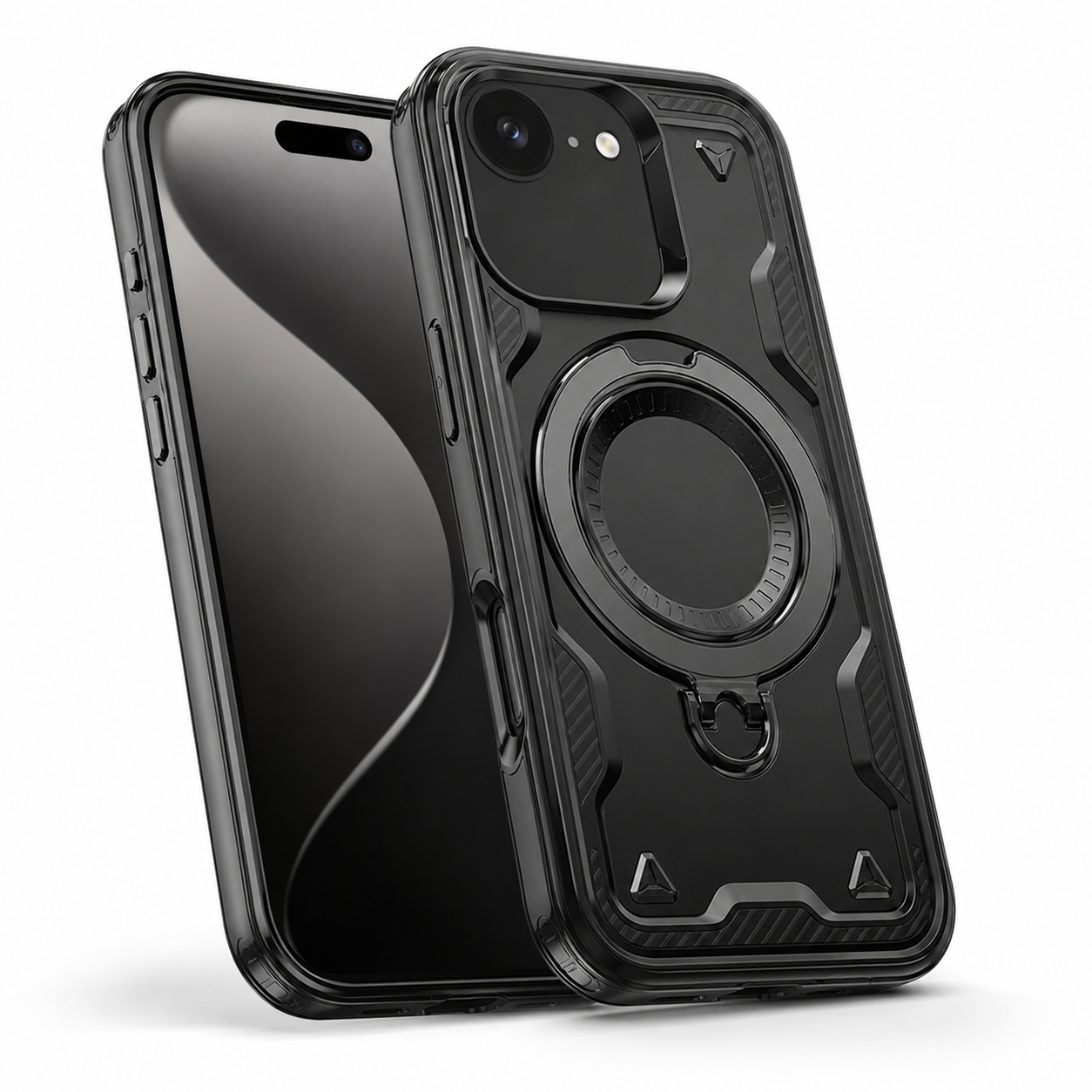 Black shockproof MagSafe ring cover for Apple iPhone 17e and 16e – rugged phone case