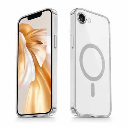 Slim silver iPhone case with MagSafe compatibility and raised camera protection