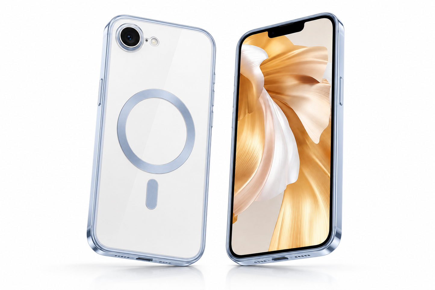 Slim light blue protective iPhone case with raised camera edge and precise fit
