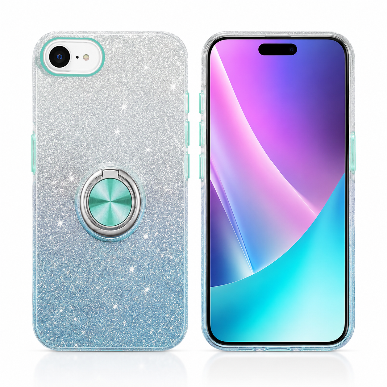 Blue and Silver 3-in-1 Glitter Ring Case for Apple iPhone 17e and 16e