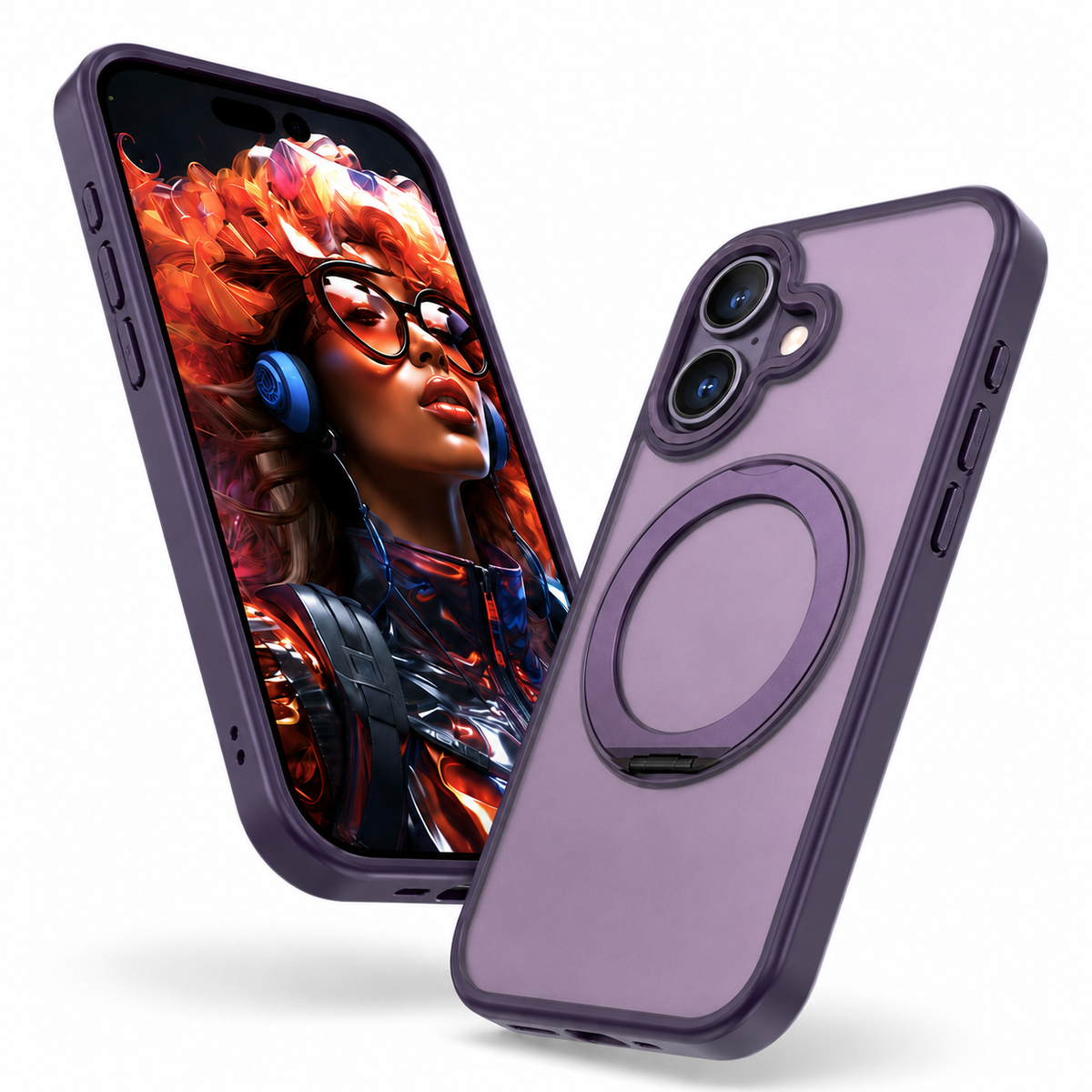 Deep Purple MagSafe Tilt Ring Stand Case for Apple iPhone 16, Magnetic Phone Case, Cell Phone Case, Drop Protection Case, Protective Smartphone Case