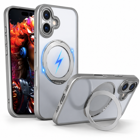 Grey MagSafe Tilt Ring Stand Case for Apple iPhone 17 back view with shockproof protective phone case and magnetic ring stand.