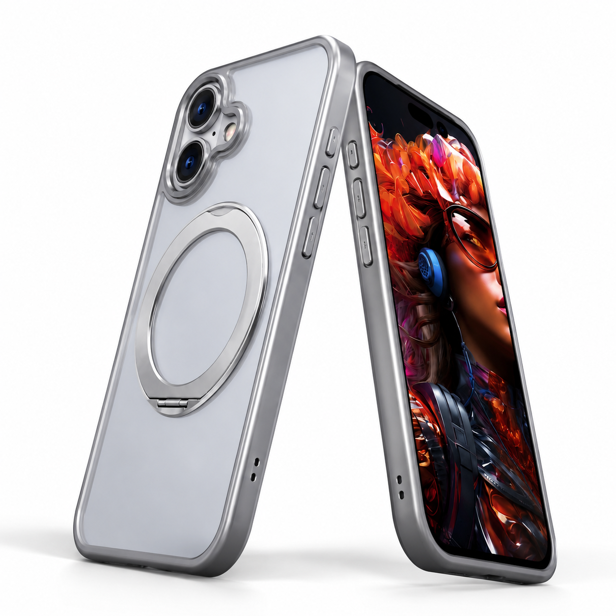 Slim Grey iPhone 17 MagSafe Phone Case with magnetic ring holder, military-grade protection, and impact-resistant mobile cover.