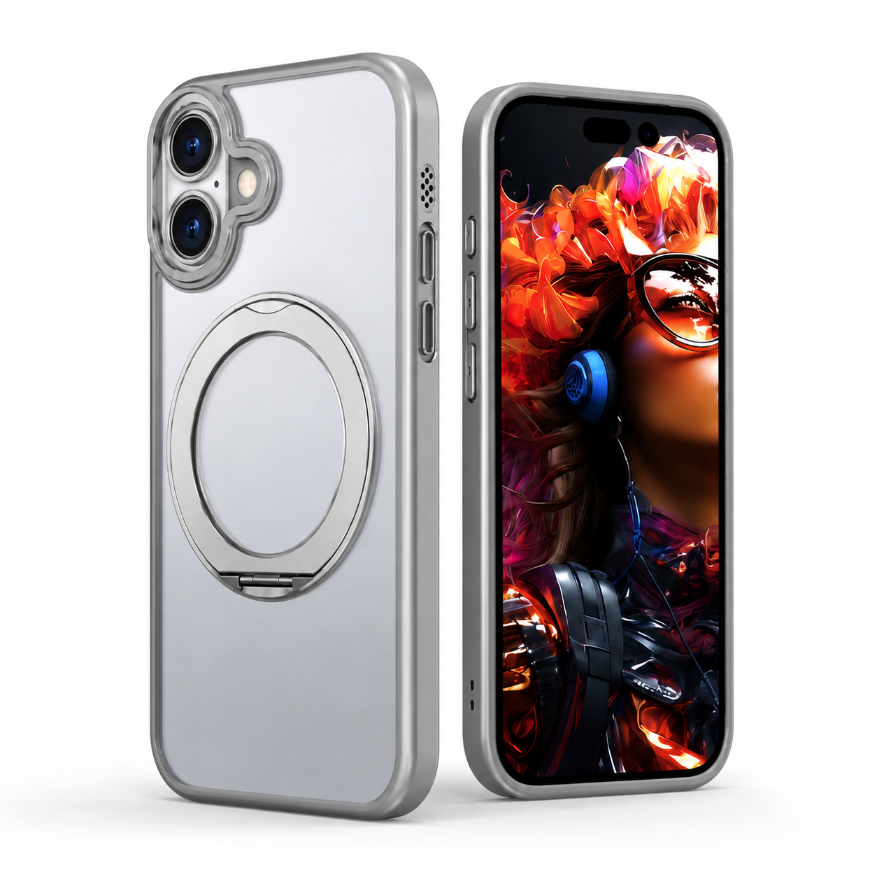 MagSafe Tilt Ring Stand Case for Apple iPhone 17 with raised camera protection, anti-scratch phone cover, and premium grey finish.