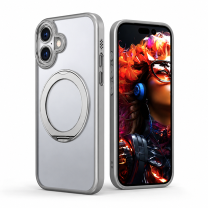 MagSafe Tilt Ring Stand Case for Apple iPhone 17 with raised camera protection, anti-scratch phone cover, and premium grey finish.