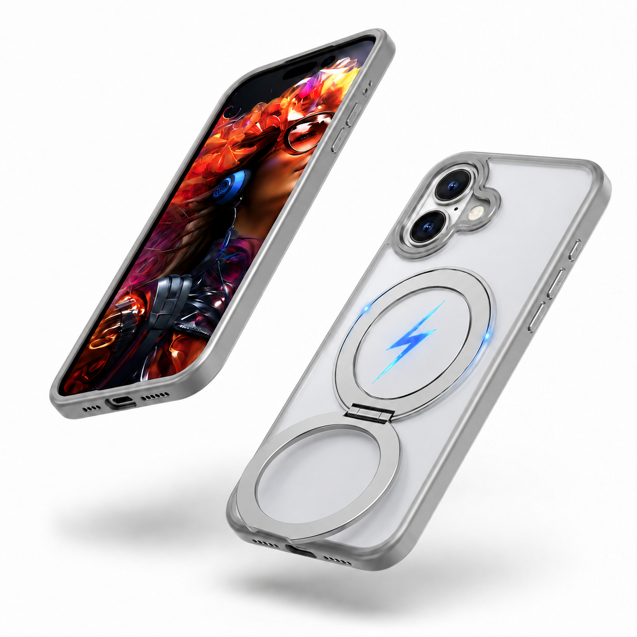 Premium Apple iPhone 17 Grey MagSafe Case featuring 360° ring stand, wireless charging compatible case, and drop protection cover.