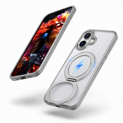 Premium Apple iPhone 17 Grey MagSafe Case featuring 360° ring stand, wireless charging compatible case, and drop protection cover.