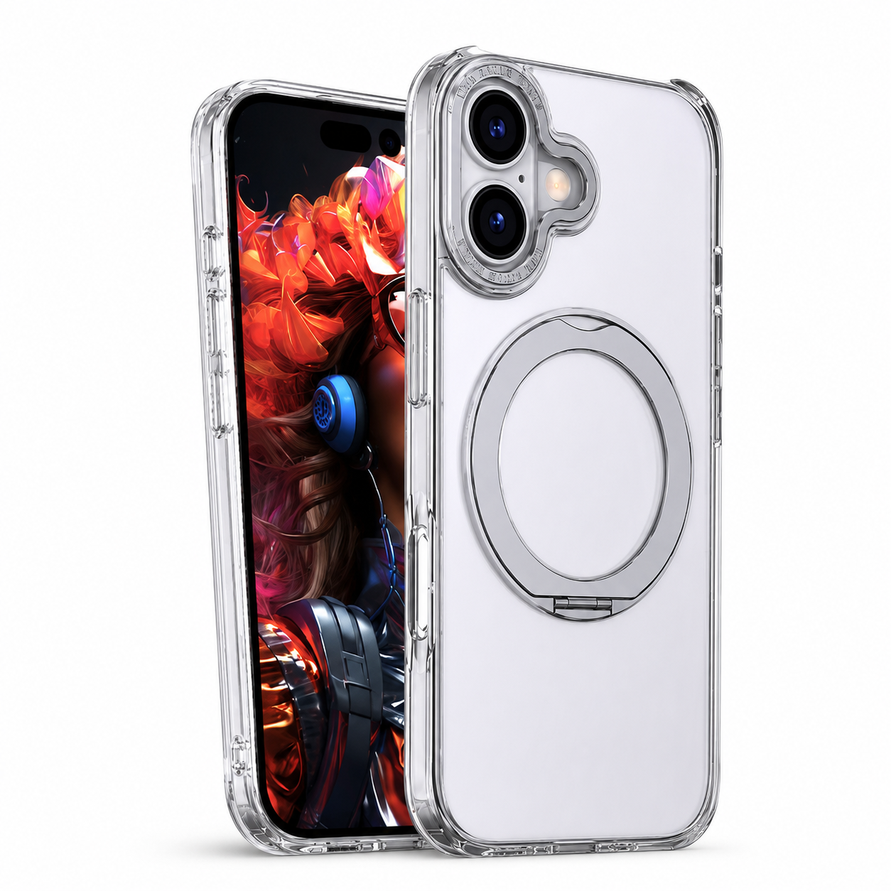 Military Grade Silver iPhone 16 MagSafe Case with Adjustable Ring Stand