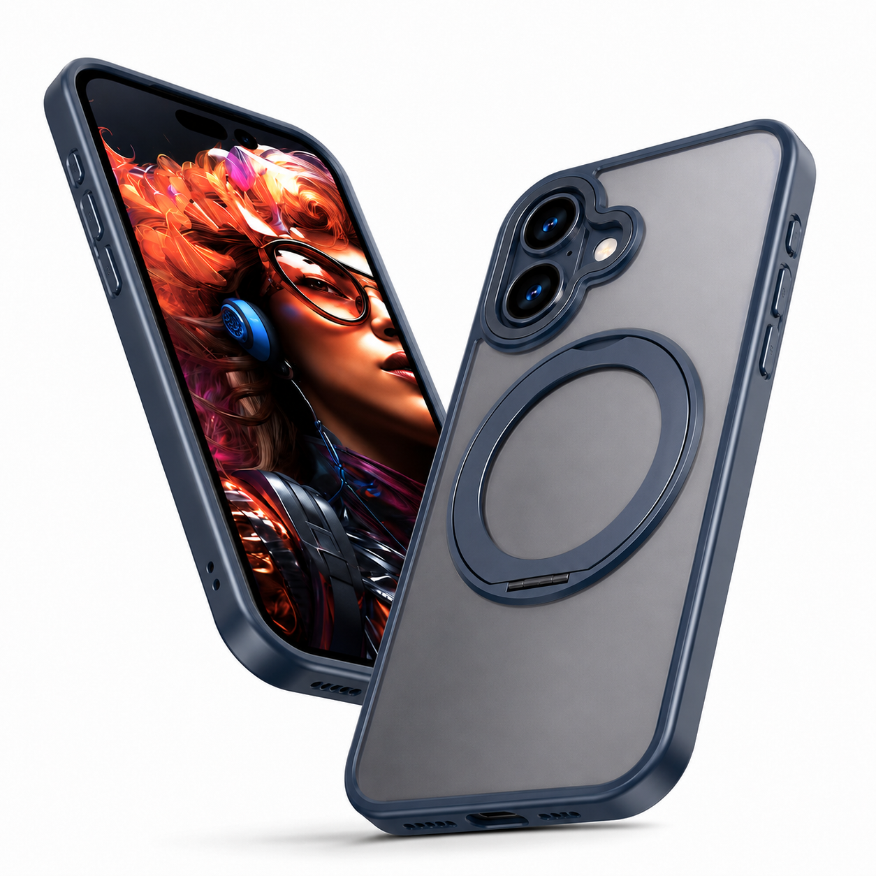 Blue Tilt Ring Stand Case for Apple iPhone 16, Protective Smartphone Case, Drop Protection Phone Case, Military Grade Case