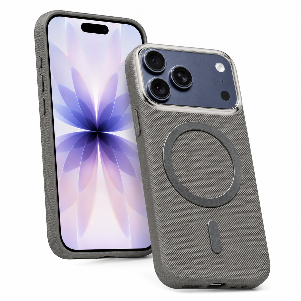 MagSafe Compatible Grey Fabric Case for Apple iPhone 18 Pro Max, cell phone cover, slim protective case, impact-resistant mobile cover, anti-scratch phone case, premium iPhone case