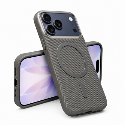 Apple iPhone 18 Pro Max Grey Fabric Case, MagSafe phone case, premium protective cover, durable mobile case, scratch-resistant phone cover, wireless charging compatible case