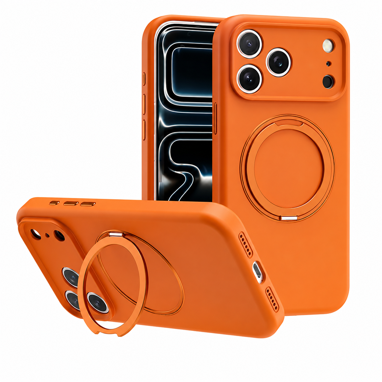 Orange MagSafe Silicone Ring Stand Case Apple iPhone 17 Pro, protective phone cover, kickstand smartphone case