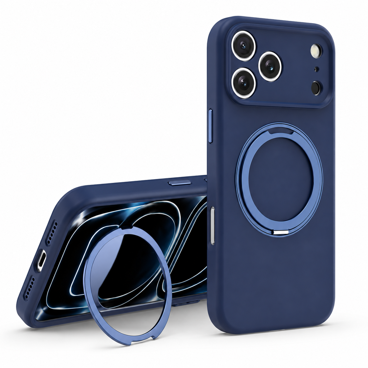 Blue iPhone 17 Pro Max MagSafe Phone Cover with Ring Holder Kickstand and Drop Protection