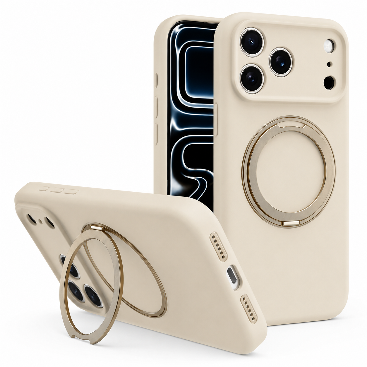 White iPhone 17 Pro Max MagSafe Case, Silicone Phone Case, Ring Stand Protective Cover