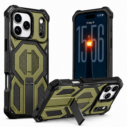 iPhone 17 Pro Max Army Green armor case with kickstand and MagSafe compatibility