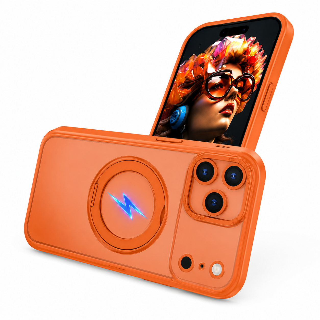 Impact Resistant Orange Phone Cover with MagSafe Magnetic Ring Stand for iPhone 17 Pro