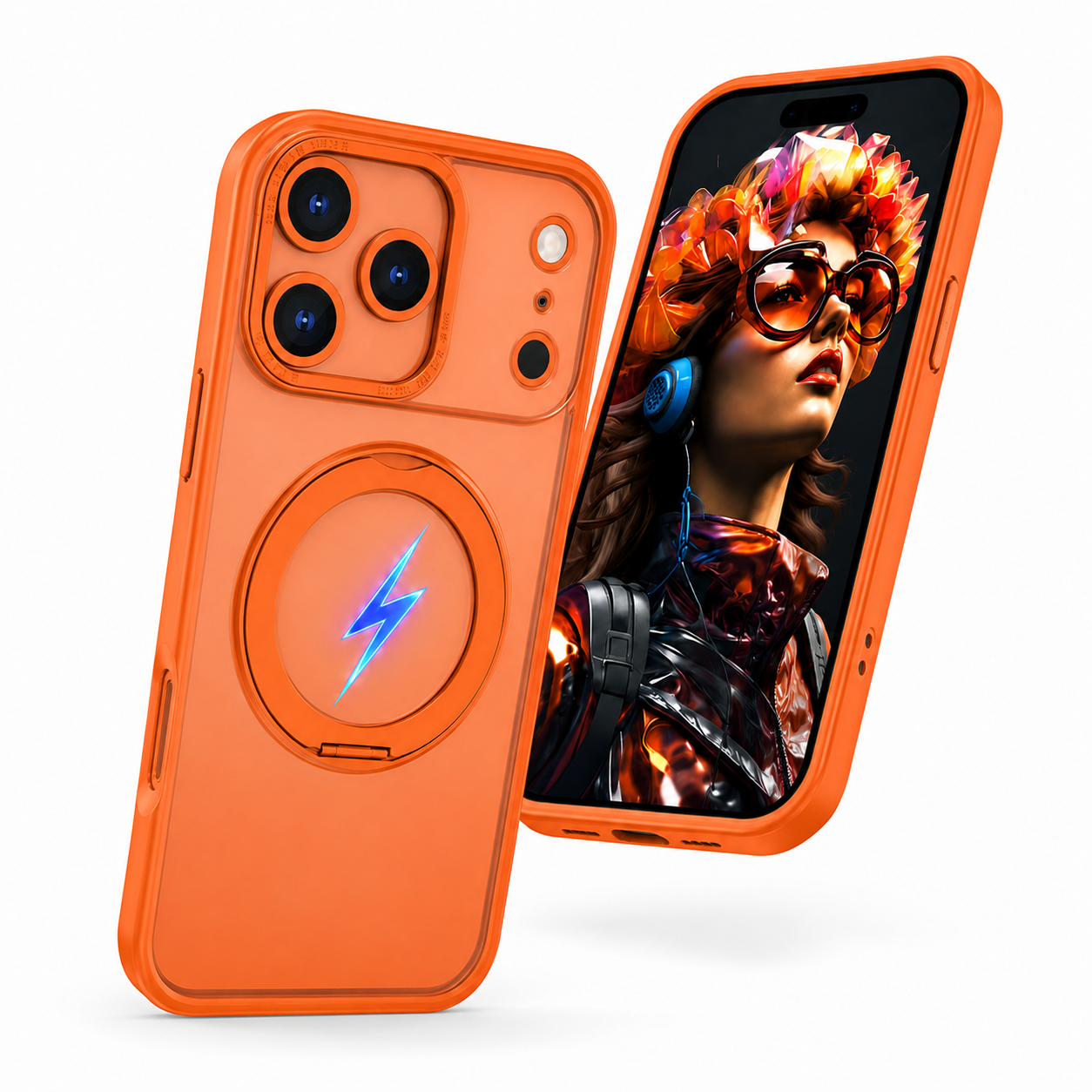 Premium Orange iPhone 17 Pro Max MagSafe Compatible Protective Mobile Case with Ring Stand