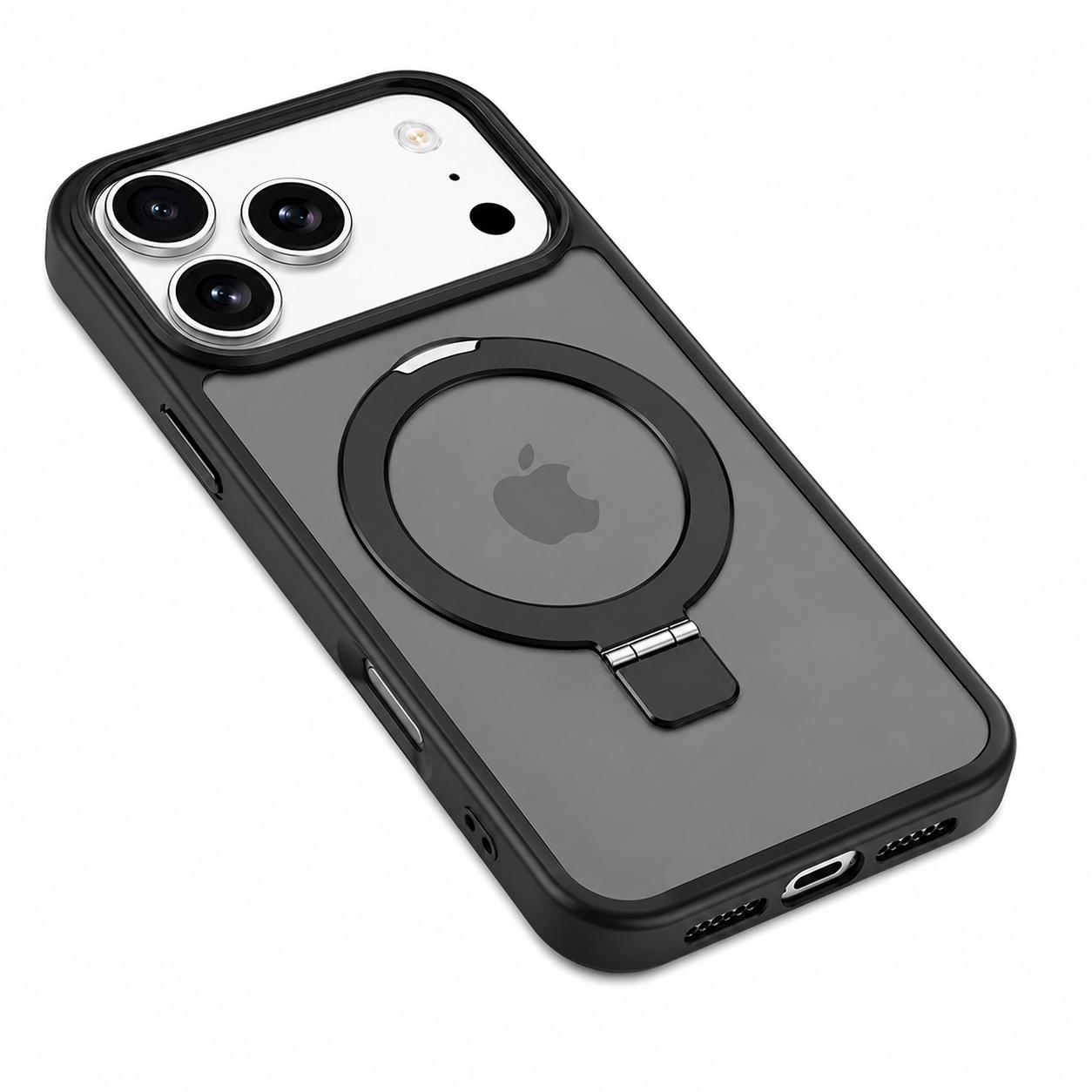 Durable Black iPhone 17 Pro Max Protective Case with Stand and Wireless Charging Compatibility