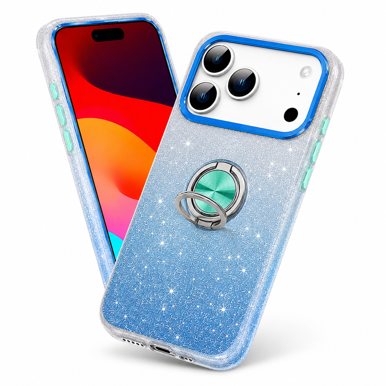 Apple iPhone 17 Pro Max Protective Phone Case with Blue Silver Glitter Ring Kickstand