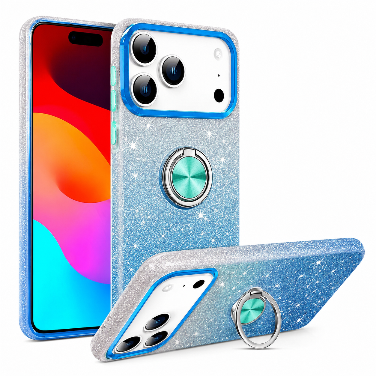 Blue & Silver Glitter Ring Case for Apple iPhone 17 Pro Max Shockproof Phone Case