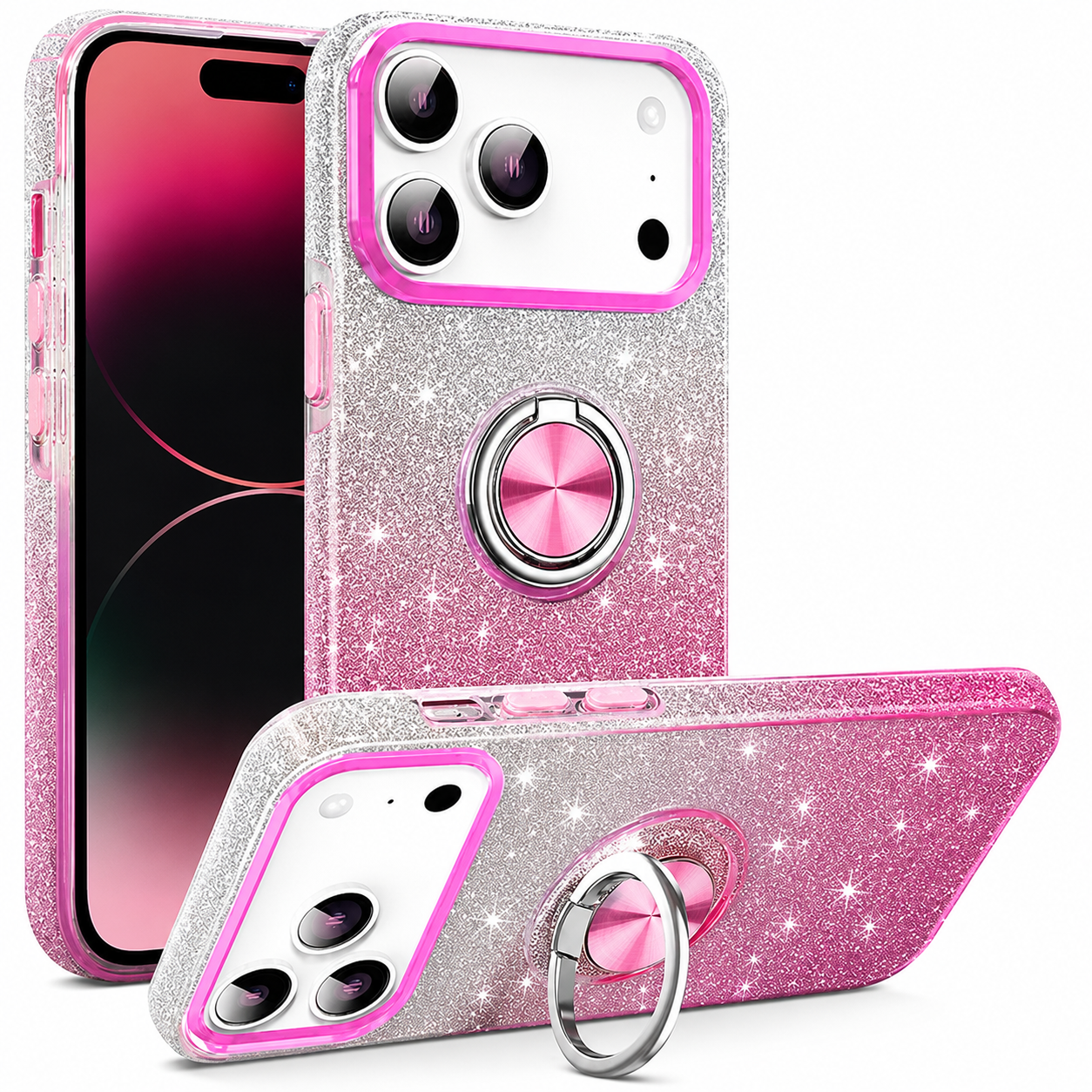 Luxury Glitter Ring Holder Phone Case for Apple iPhone 17 Pro Max in Pink & Silver