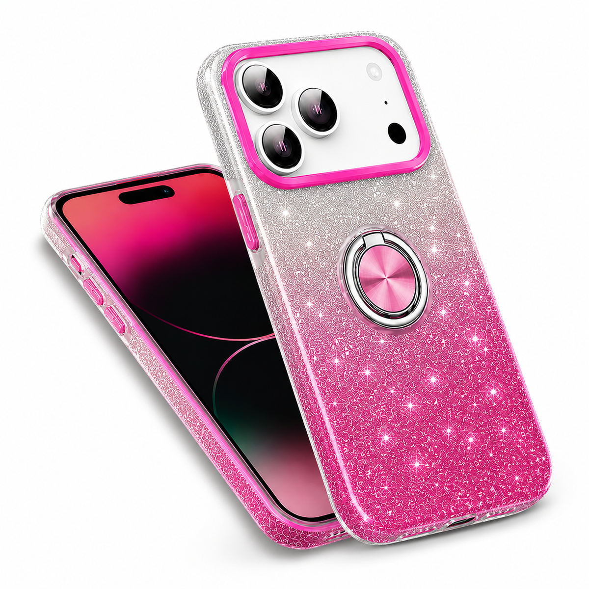 Pink & Silver Glitter Mobile Cover for Apple iPhone 18 Pro Max with 360° Ring Stand