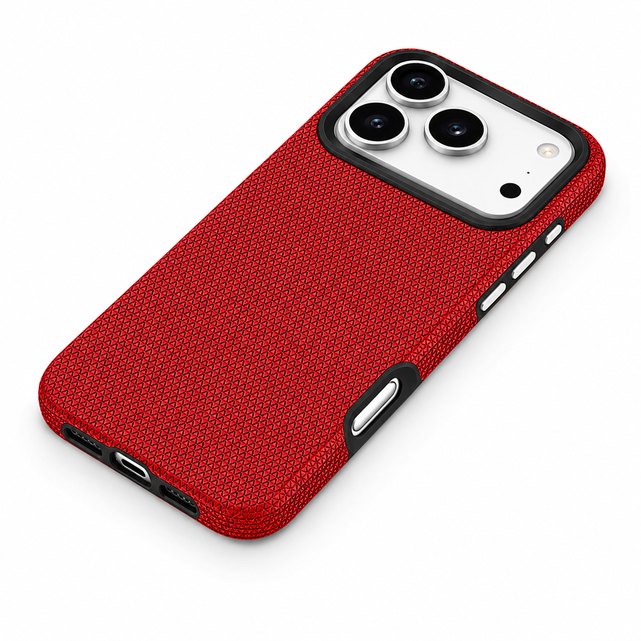 Premium Red iPhone 17 Pro Max Case with Triangle Texture and Camera Protection