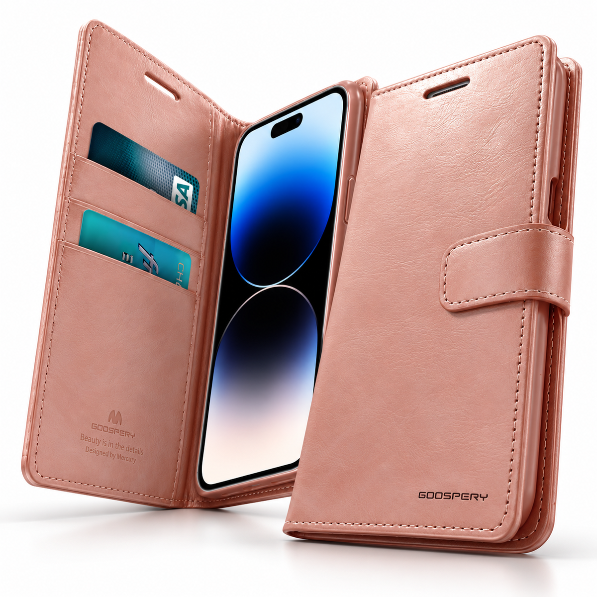 Goospery BlueMoon Leather Wallet Case for Apple iPhone 13 Pro Max - Rose Gold - side profile product view