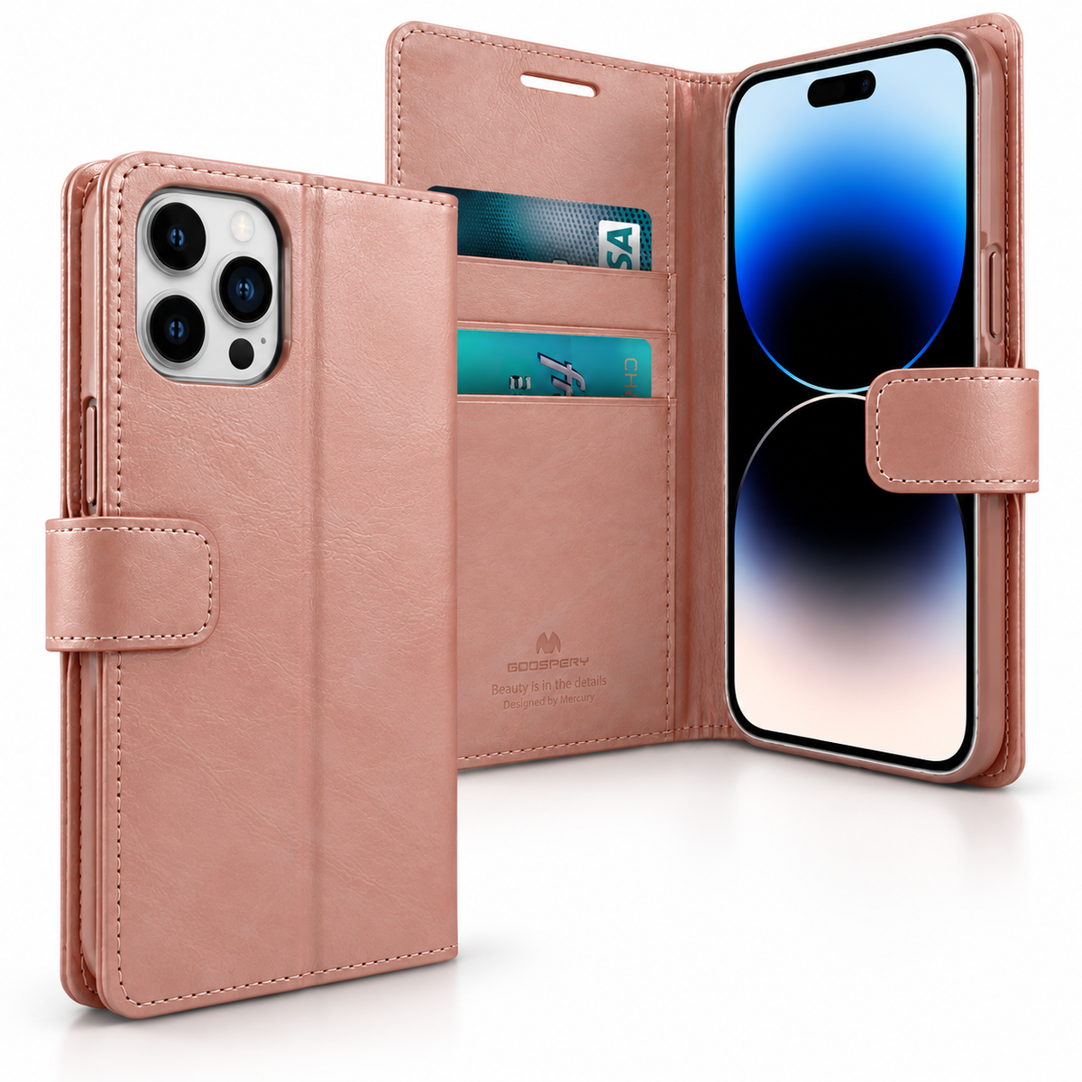 Goospery BlueMoon Leather Wallet Case for Apple iPhone 13 Pro Max - Rose Gold - angled product view