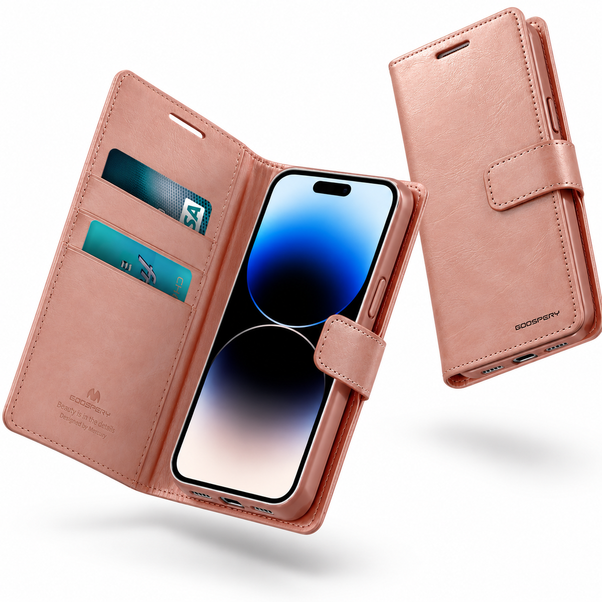 Goospery BlueMoon Leather Wallet Case for Apple iPhone 14 Pro - Rose Gold - close-up design view