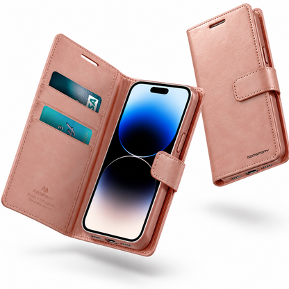 Goospery BlueMoon Leather Wallet Case for Apple iPhone 14 Pro Max - Rose Gold - close-up design view