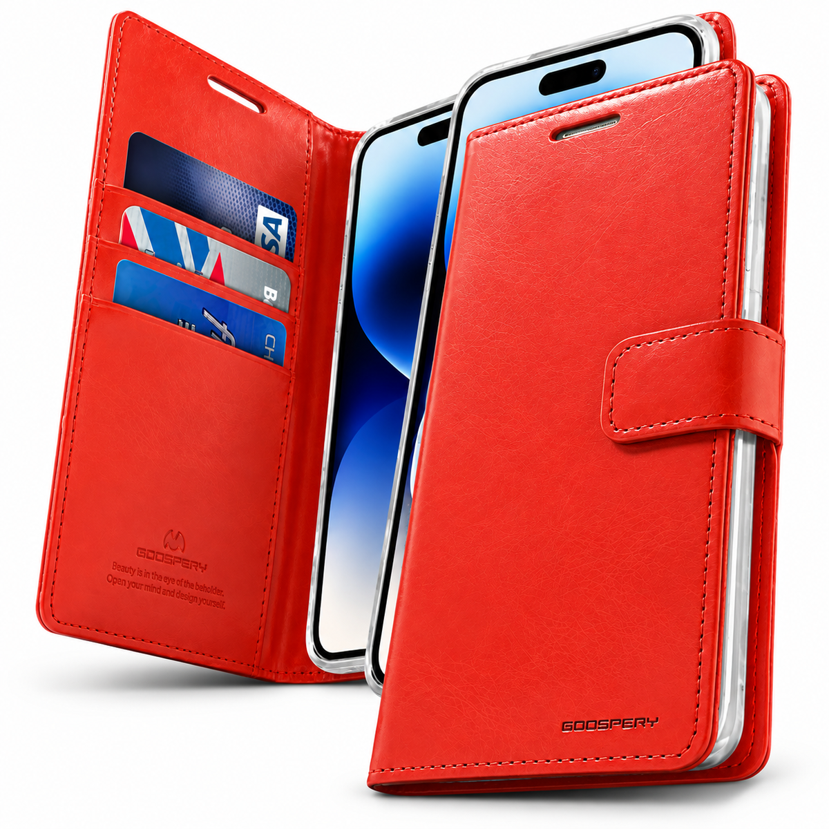 Goospery BlueMoon Leather Wallet Case for Apple iPhone 14 Pro Max - Red - angled product view