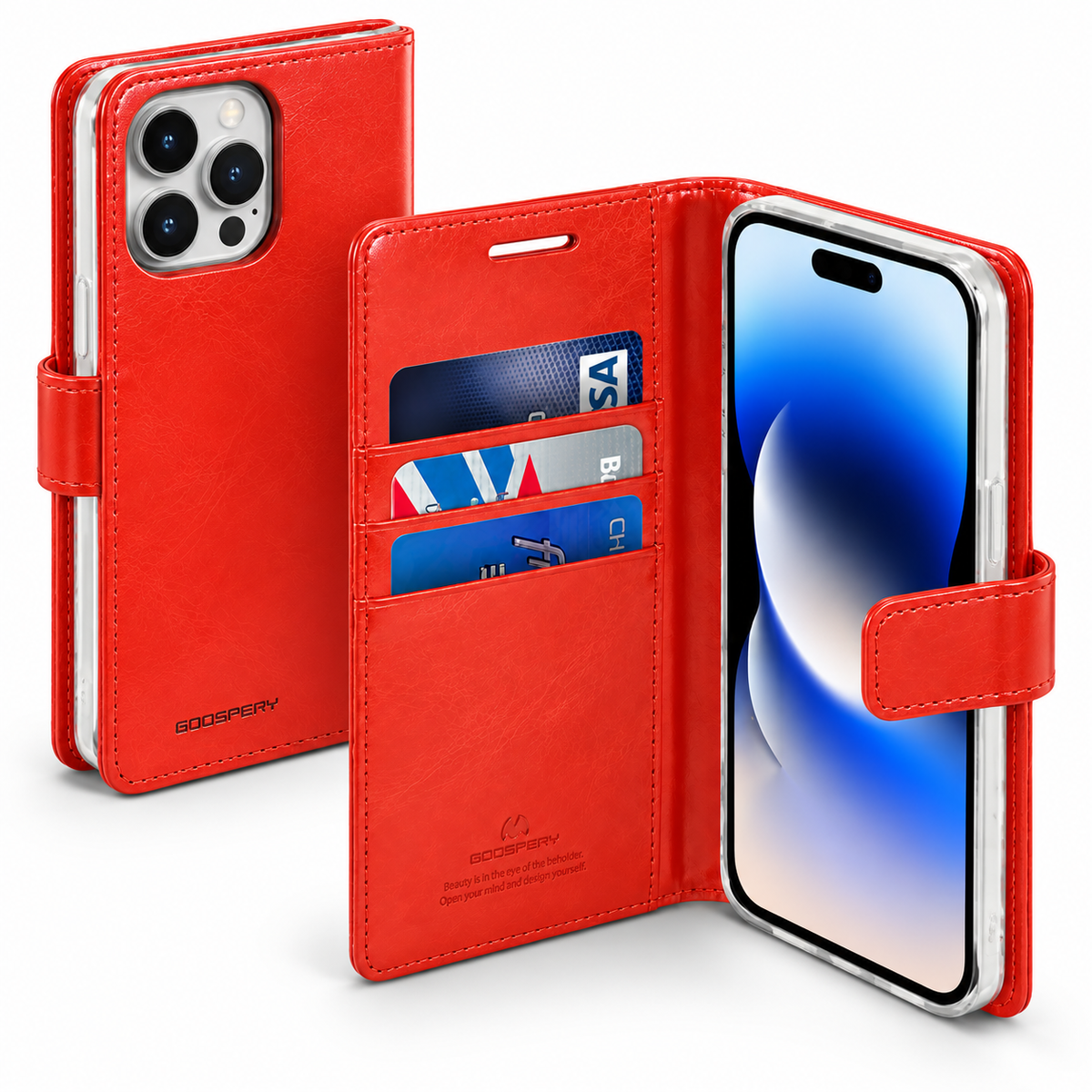 Goospery BlueMoon Leather Wallet Case for Apple iPhone 14 Pro Max - Red - close-up design view