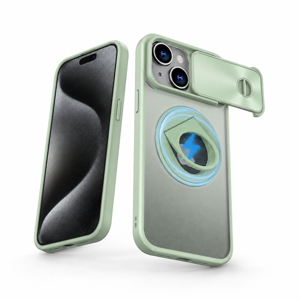Camera Slider Ring Stand MagSafe Case for Apple iPhone 13 - Light Green