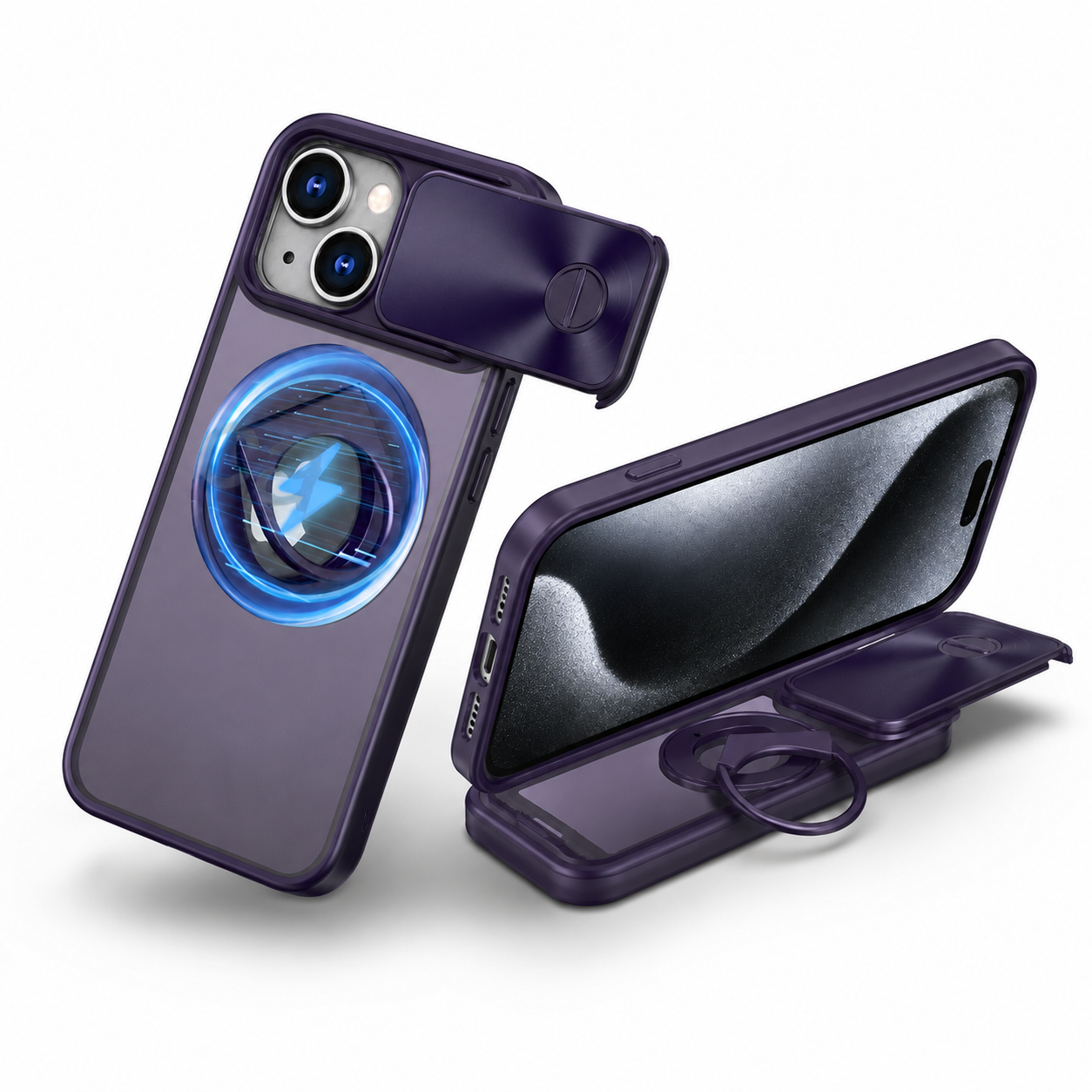 Camera Slider Ring Stand MagSafe Case for Apple iPhone 14 - Deep Purple
