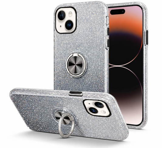 3-in-1 Glitter Ring Case for Apple iPhone 15 - Black/Silver