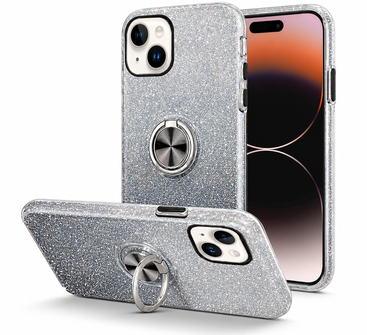 3-in-1 Glitter Ring Case for Apple iPhone 14 - Black/Silver